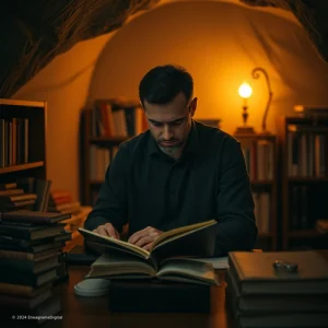 Eneatipo 5, hombre leyendo en su habitación con muchos libros