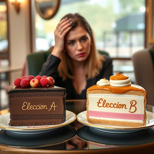 Eneatipo 6, mujer pensativa, no sabe que pastel escoger