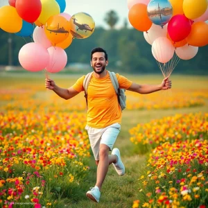 Eneatipo 7, hombre con aspecto juvenil corriendo por una pradera con globos en las manos.