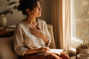 Persona observándose con calma junto a una ventana, con un cuaderno abierto, como metáfora de la autoobservación desde el eneagrama.