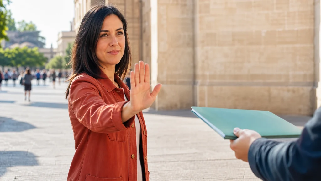 Mujer expresando un límite con calma ante una petición, metáfora de la coherencia con uno mismo.