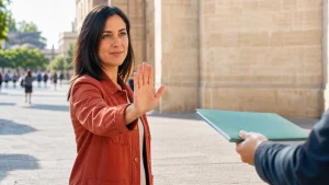 Mujer expresando un límite con calma ante una petición, metáfora de la coherencia con uno mismo.