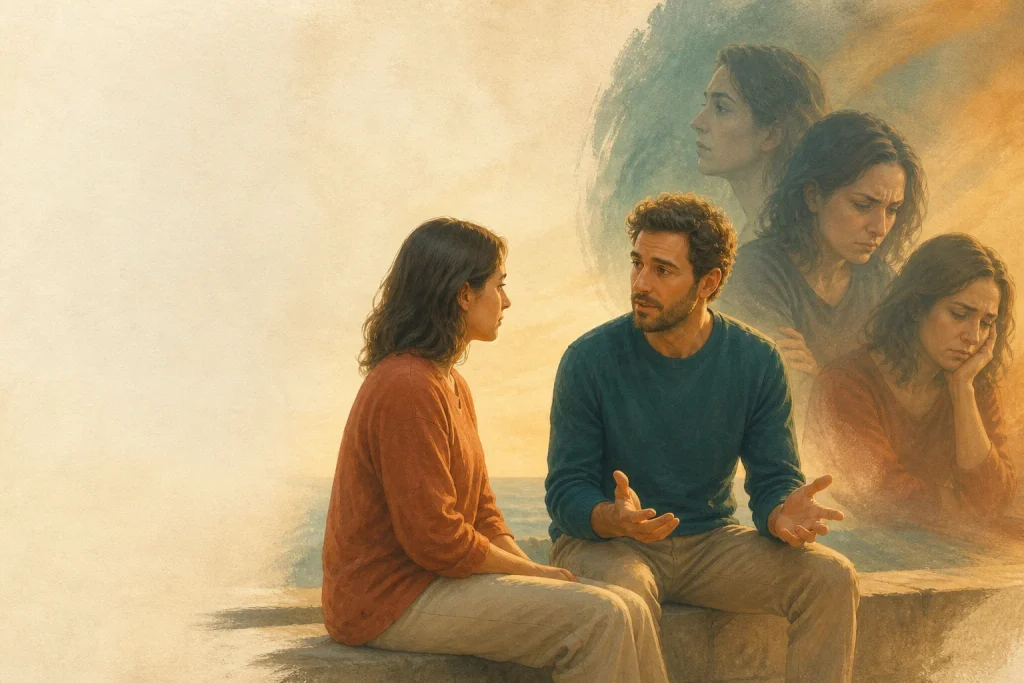 Hombre conversando mientras imagina distintas interpretaciones del silencio de otra persona