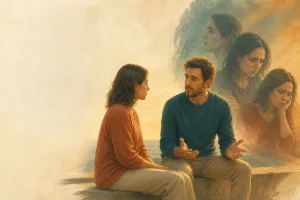 Hombre conversando mientras imagina distintas interpretaciones del silencio de otra persona