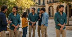 Hombre repitiendo el mismo gesto corporal en tres situaciones cotidianas diferentes