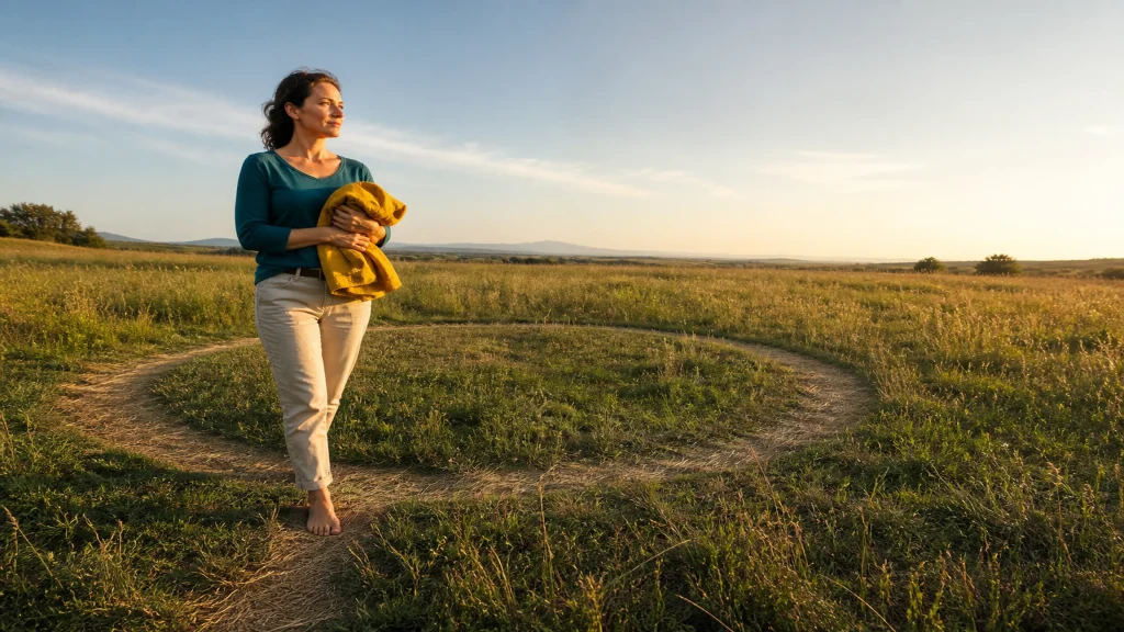 Mujer saliendo de un camino circular mientras sostiene una prenda amarilla, metáfora de un patrón de protección repetido.