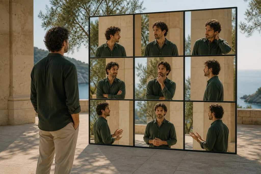 Hombre observándose en nueve paneles que representan las perspectivas del eneagrama.