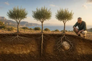 Tres olivos similares con raíces diferentes, metáfora de las motivaciones que ayudan a investigar el eneatipo.