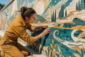 Mujer corrigiendo una pequeña imperfección de un gran mosaico, representación del Eneatipo 1
