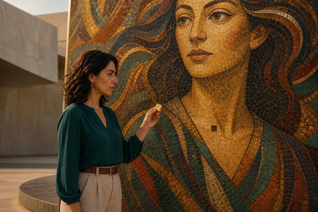 Mujer ante un mosaico casi completo mientras sostiene la pieza que falta, representación del patrón del Eneatipo 4