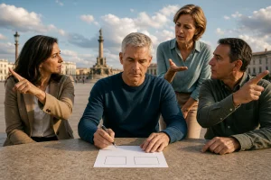 Hombre ante una decisión mientras tres personas le ofrecen opiniones diferentes, representación del Eneatipo 6