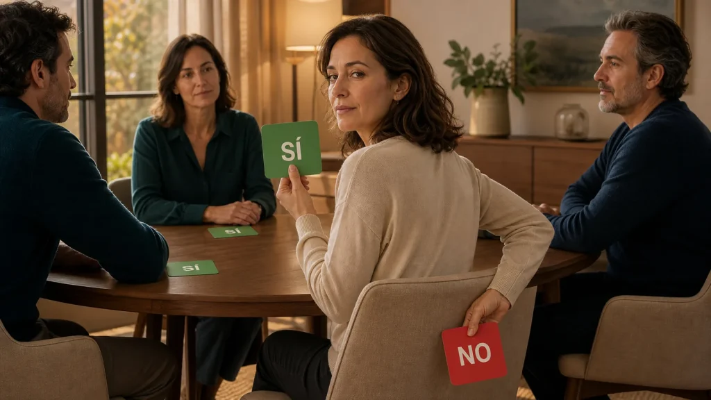 Mujer muestra un «sí» mientras oculta un «no» para evitar el conflicto, patrón del Eneatipo 9.
