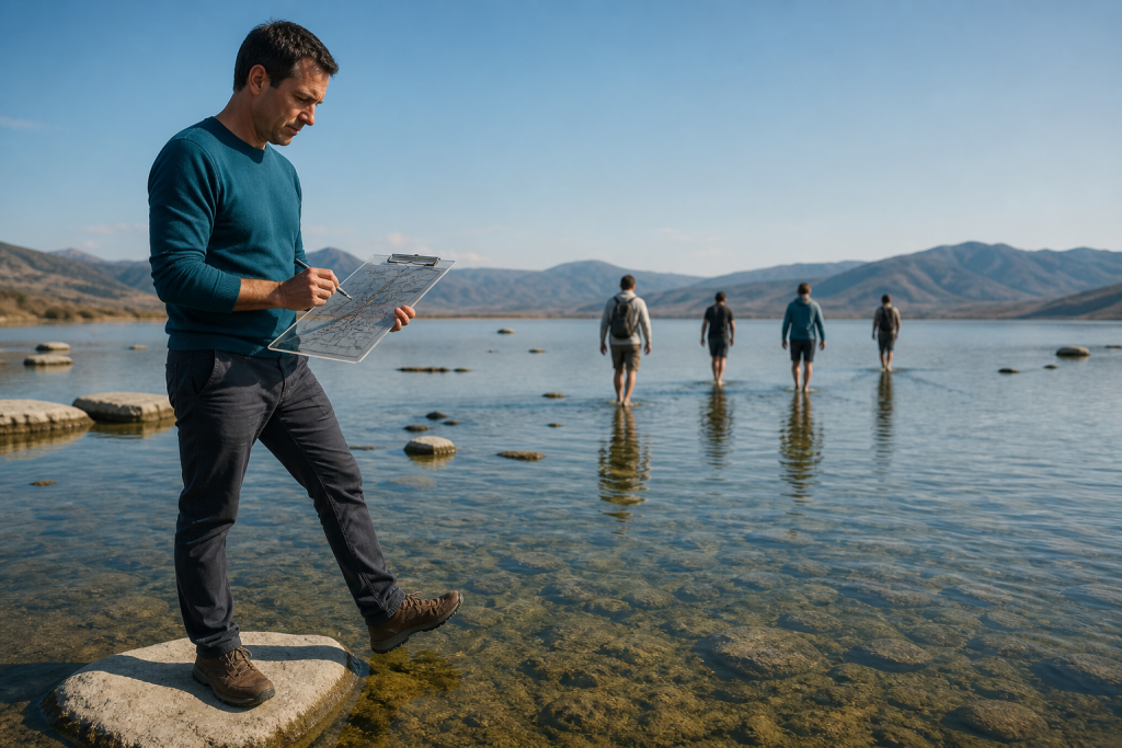 Hombre que estudia un recorrido desde la orilla mientras otras personas atraviesan el agua, representación del patrón del Eneatipo 5